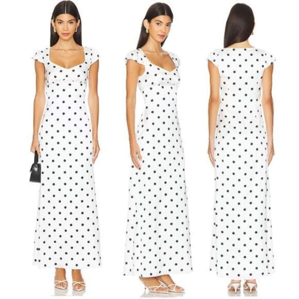 MORE TO COME Dorothy Maxi Dress Empire Satin Polka Dot Romantic Euro Summer XS